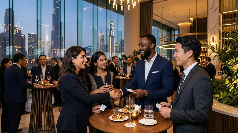 Guests networking over drinks